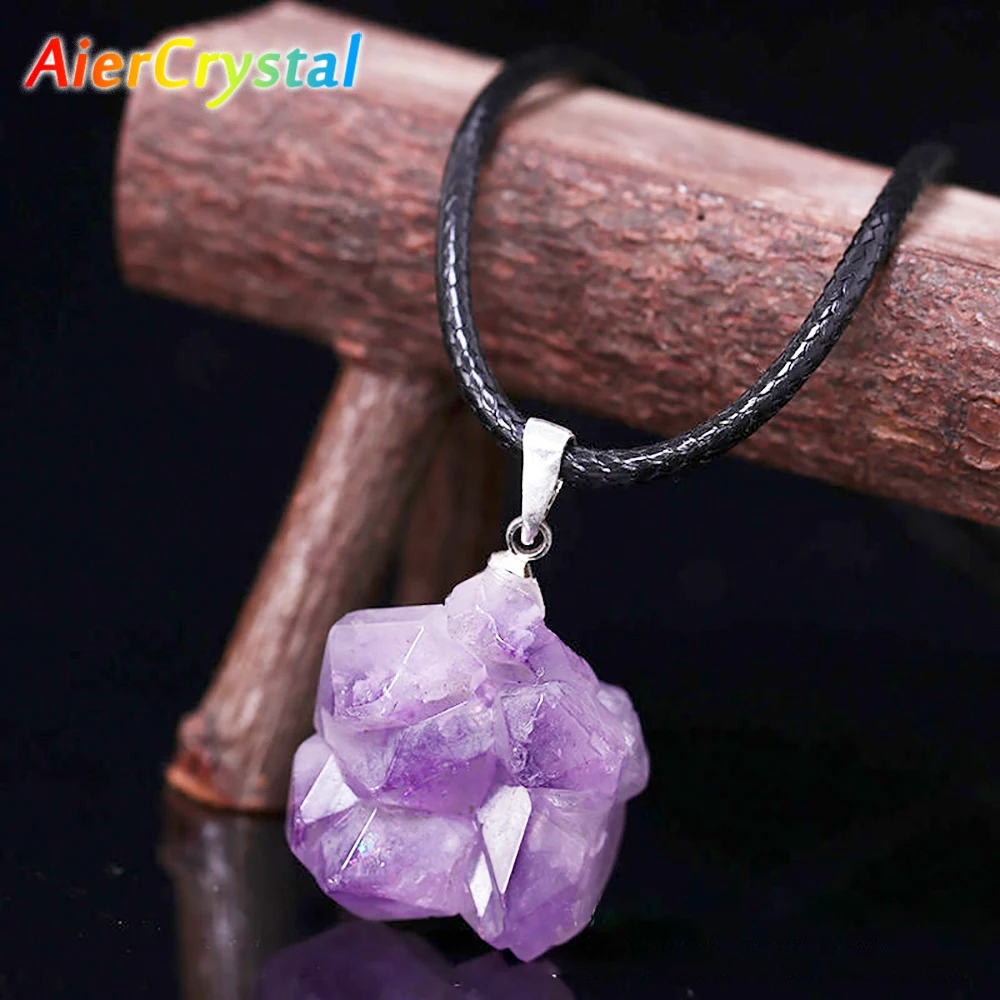 Birth Flower Necklace - Naturalny ametyst urugwajski Szorstki kamień Wisiorek