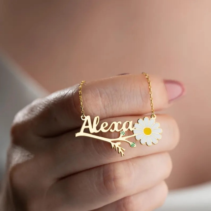Birth Flower Necklace - Personalizowany kolorowy emaliowany naszyjnik z imieniem