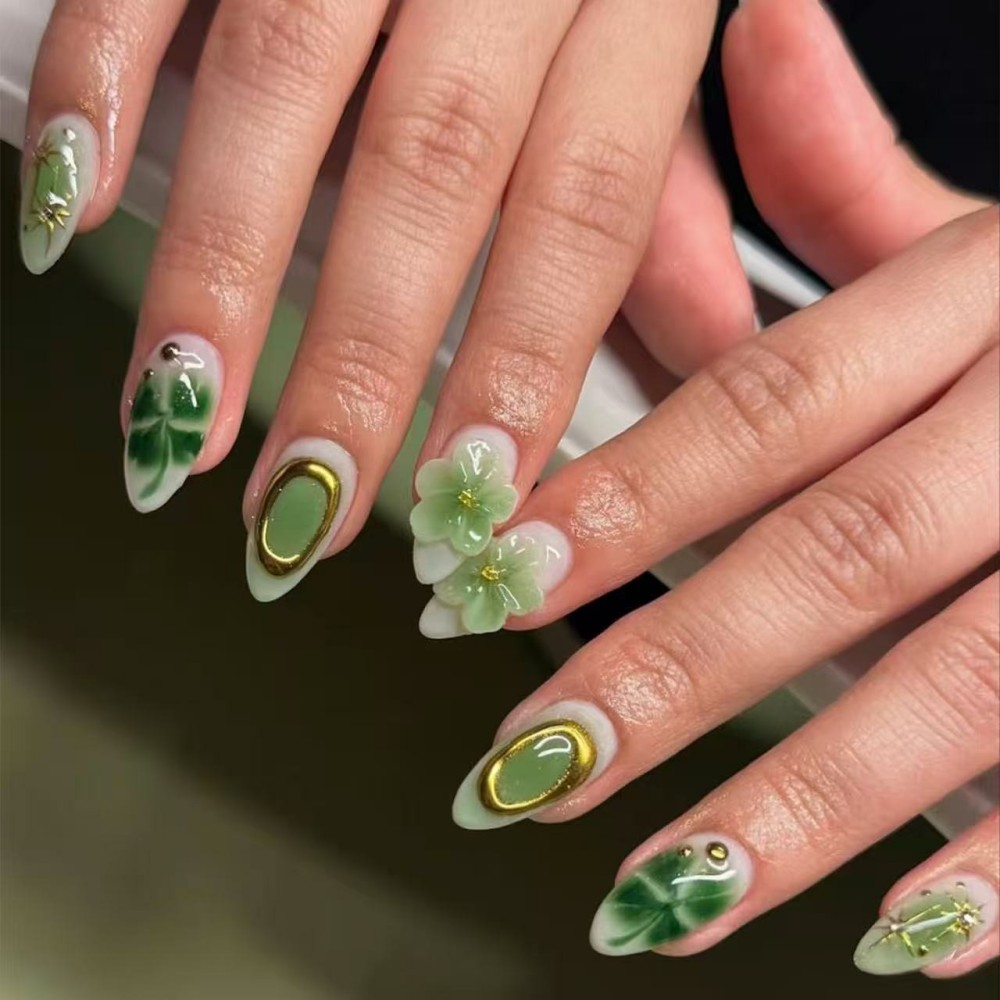 Pressed Flower Art - 24 SZT. Luksusowe szmaragdowozielone paznokcie doczepiane