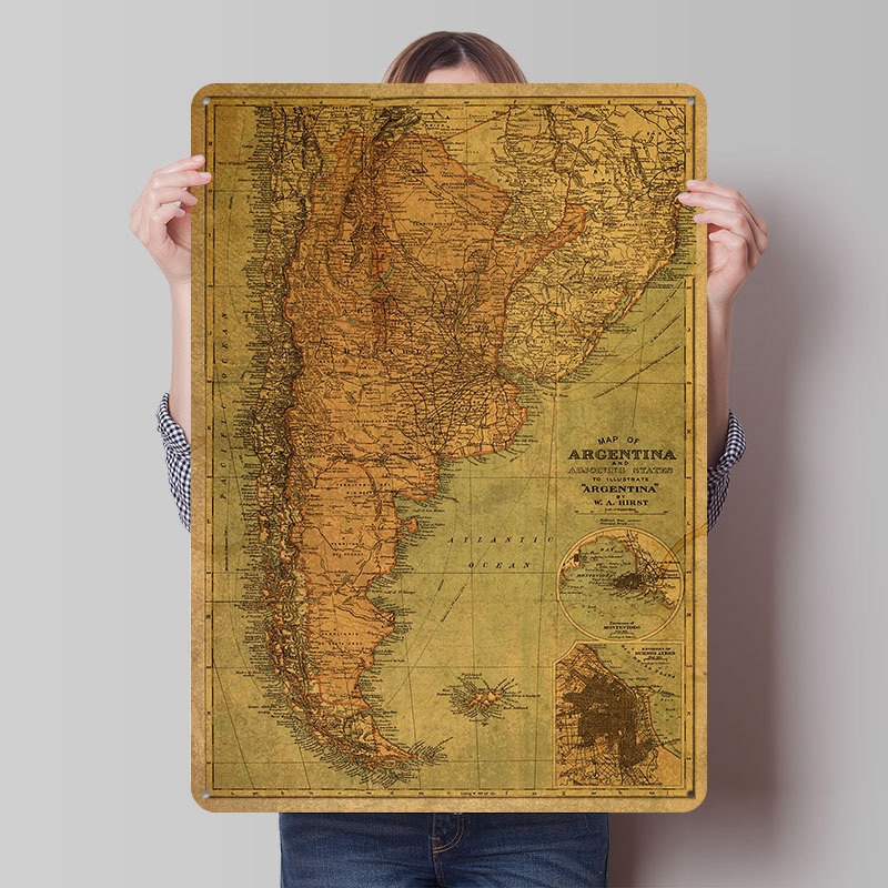 Custom Map Poster - Vintage Mapa Argentyny Plakat z Blachy