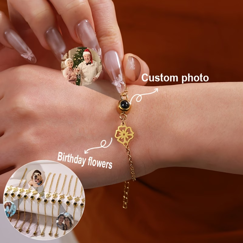 Birth Flower Necklace - Bransoletka ze zdjęciem na zamówienie, łańcuszek